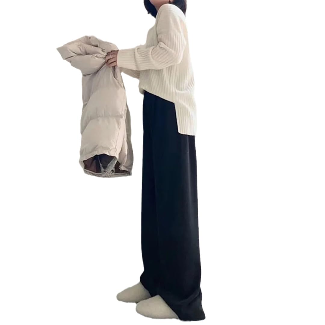 Yeuyyben Solid Color Knitted Wide Leg Pant Women High Waist Drawstring Straight Trousers Elegant Long Pants Women