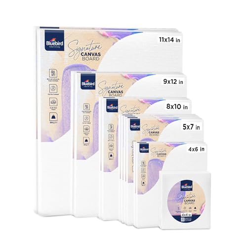 Bluebird Canvas Board - 4x4 4x6 5x7 8x10 9x12 11x14. Set of 14 Gesso-Primed White Blank Canvases for Painting - 100% Cotton Canvas Board for Acrylic Poster Oil Paint