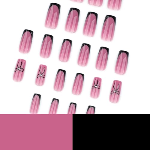 Image of Black French Tip Press on Nails Bow Fake Nails Medium Square False Nail Nude Glossy Full Cover Stick on Nail for Women DIY Decoration 24Pcs