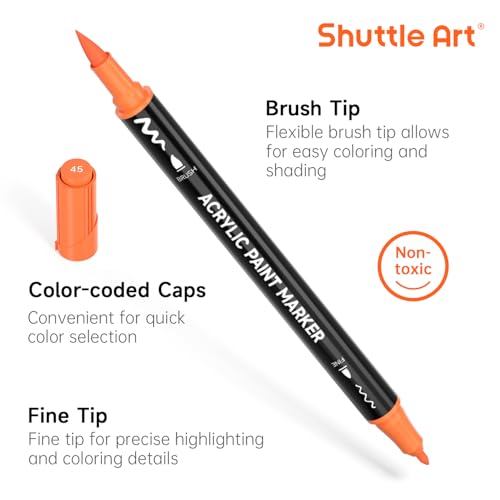 Image of Shuttle Art 25 Colors Dual Tip Acrylic Paint Markers, Brush Tip and Fine Tip Acrylic Paint Pens for Rock, Ceramic, Wood, Canvas, Plastic, Glass, Stone, Calligraphy, Card Making, DIY Football Crafts
