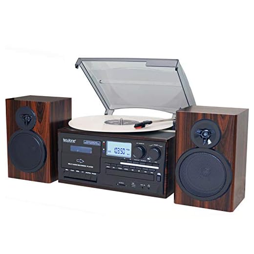 Boytone BT-28MB, toca-discos estilo clássico Bluetooth com rádio AM/FM, CD / Cassette Player, 2 alto-falantes estéreo separados, gravação de vinil, rádio e cassete para MP3, slot SD, USB, AUX