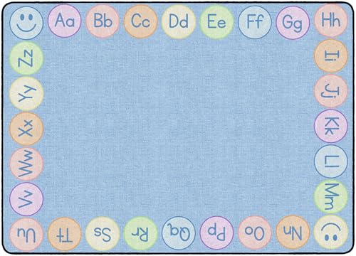 Flagship Carpets Smiley ABCs Pastel Classroom Educational Area Rug for Kids and Teachers, Durable Quality for Schools, Preschool, Daycare, Learning Centers, and Home, 6' x 8'4", Soft Blue