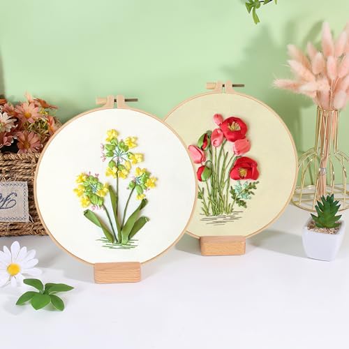 Image of LOMOHOO 4 Sets Ribbon Flower Embroidery Kit for Beginners, Needlepoint Stamped Cross Stitch Starter Kits, Stitch Learning DIY Kit with Floral Pattern, Thread, Hoops, Colorful Ribbons Flower
