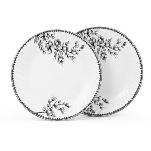 Image of Melvio By Malti 2 Pcs Dinner Plate Set for Dining & Serving | Premium Melamine Full Plates with Elegant Floral Design | Microwave & Dishwasher Safe Plates for Lunch, Dinner, Roti | White, 11 Inch