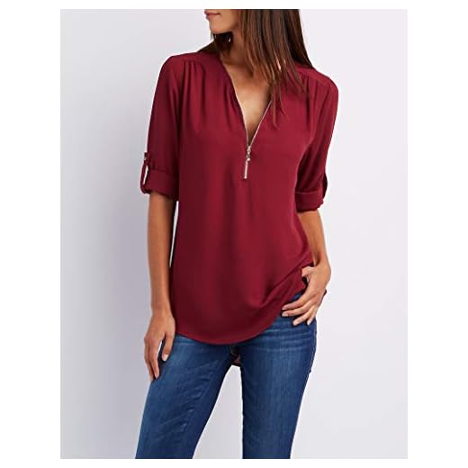 CHZDNSCS skjorta stor storlek solid front dragkedja lång ärm blus tröja kvinnor höst v-ringad tunika toppar lös stor storlek kvinna S burgund