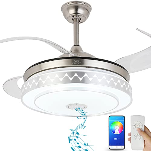 NUTCRUST Retractable Modern Ceiling Fan with Light and Bluetooth Speaker, 7 Colors Change Bluetooth Speaker Music Player Modern Ceiling Fan Chandelier with Remote Control 42 Inch 36W NUTCRUST Retractable Modern Ceiling Fan with Light and Bluetooth Speaker, 7 Colors Change Bluetooth Speaker Music Player Modern Ceiling Fan Chandelier with Remote Control 42 Inch 36W