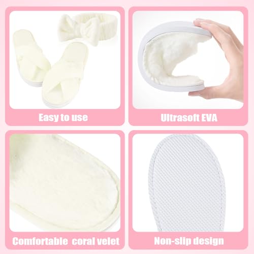 4 Bridesmaid Gifts Set – 4 Pairs Fuzzy Cross Band Slippers + 4 Spa Makeup Headbands, Perfect for Bachelorette Party & Bridesmaid Gifts (White4