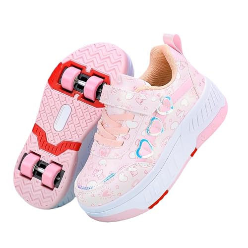 Surwin Zapatillas con Ruedas Niña, Patrón de Amor Cuatro Ruedas Zapatos de Niños con Ruedas Traseras Retráctiles, Zapatillas de Skateboard Zapatos de Skate Roller Skate Shoes Sneakers (Rosa,31)