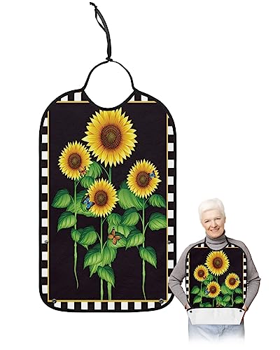 Sunflower Adult Bibs for Eating, Waterproof Bibs with Food Catcher & Adjustable Snap Closure, Black White Plaid Spring Floral Butterfly Yellow Lace Clothing Protectors Adult Bibs for Elderly Women/Men