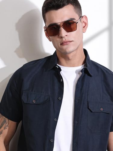 Image of Thomas Scott Men's | Solid | Half Sleeve | Slim Fit | Linen Blend | Double Flap Pocket | Spread Collar | Casual Shirt for Men