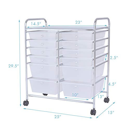 Image of LDAILY 12 Drawer Rolling Storage Cart, Craft Cart Organizer on Wheels w /Metal Frame, Large Capacity & Smooth Drawer, Rolling Cart w /Drawers for Classroom, Office