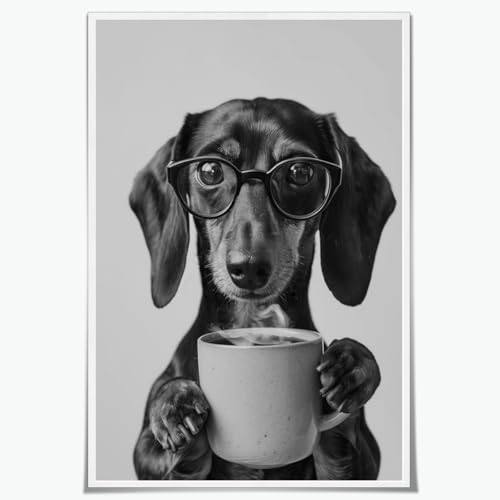 Funny Black and White Dog Wall Art Trendy Offee Bar Decor Vintage Aesthetic Dachshund Poster Maximalist Animal Portraits Canvas Print for Kitchen Living Room Bedroom Wall Decor Unframed12x18inch