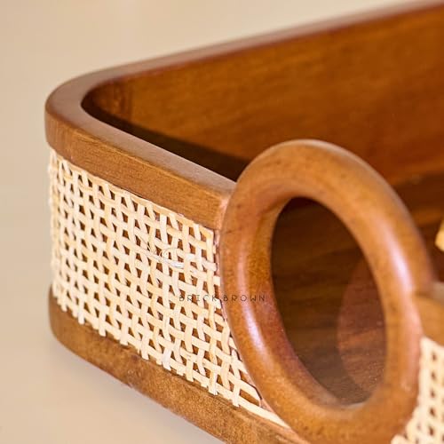 Image of Brick Brown Premium Wooden Tresso Serving Tray with Cane Weaving | Walnut Finish Tea & Breakfast Tray with Handles | Luxury Decorative Organizer for Kitchen, Dining, Coffee Table, Office 15x10 Inch