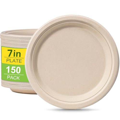 Platos de papel desechables rígidos marrones de 7 pulgadas, paquete de 150 unidades, ecológicos, resistentes y resistentes, bandeja grande compostable para fiestas y barbacoas