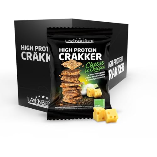 Layenberger High Protein Cräkker, Snacks mit viel Eiweiß und wenig Kohlenhydraten, (8 x 75 g) - Cheese`n Onion