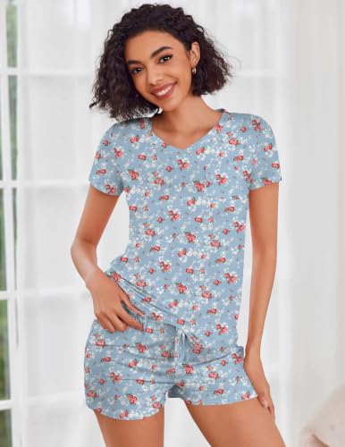 Image of Ekouaer Womens Pajama Sets Short Sleeve Pajamas for Women Sets Soft Lounge Sets Casual V Neck Sleepwear PJS
