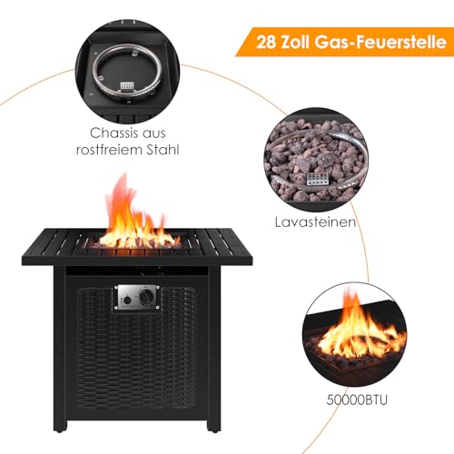 Gas Feuerstelle, Feuerstelle inkl. Wasserfeste Schutzhülle, Lavasteinen, Tischplatte & Funkenschutz,72.5 * 72.5 * 67.5 cm,14,5 kW, 28 Zoll Gaskamin Outdoor, Automatische Zündung, Esstisch & Heizung – Bild 5