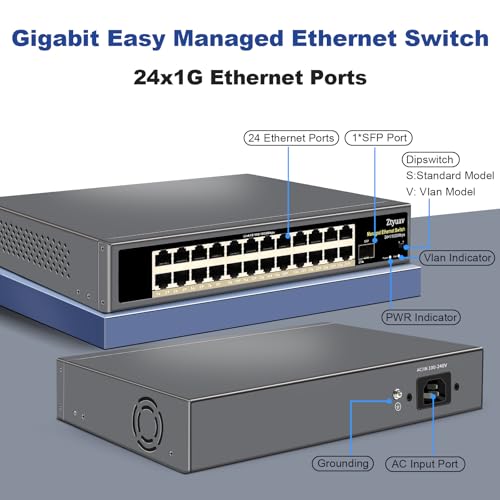 Image of 25-Port Full Gigabit Easy Smart Managed Ethernet Switch-24 Ethernet Ports & 1 SFP Port, Web & APP Managed, VLAN /QoS /IGMP /LAG /TELNET /CLI Supported, Home Office Network Hub, Metal Plug & Play