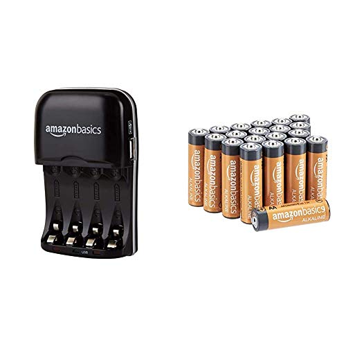 Amazon Basics Chargeur de Piles Ni-MH AA et AAA avec Port USB & Piles alcalines 1,5 V pour Le Quotidien - Lot de 20 (Le visuel Peut différer)