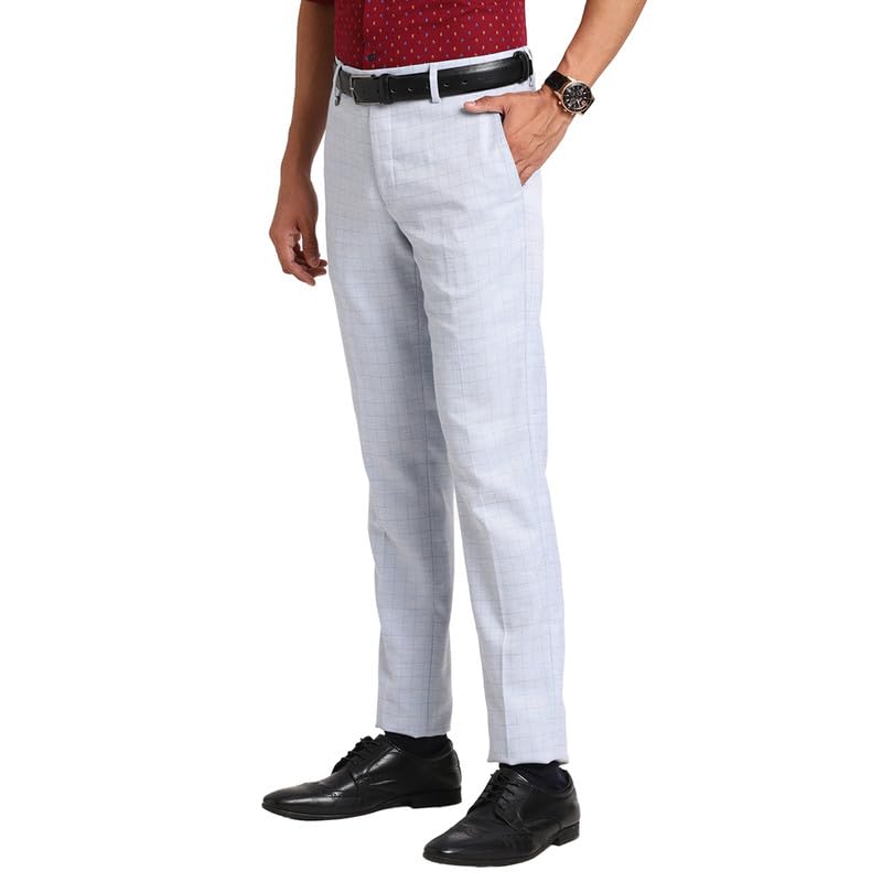 Image of Turtle Men Poly Viscose Light Blue Checkered Ultra Slim Fit Flat Front Formal Trouser