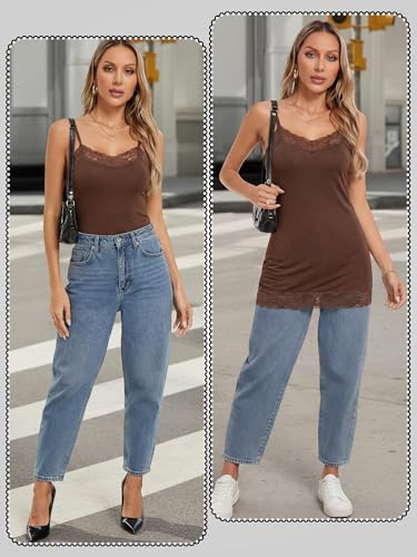 Image of SATINIOR 3 Pcs Women Long Camisoles Lace Tank Tops Neck Cami Adjustable Spaghetti Strap Trim Lace Tank Top for Women Wearing