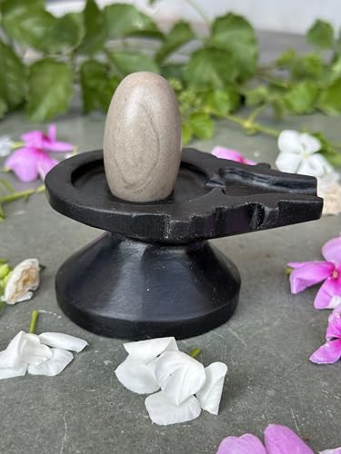 Image of Shivam VASTU AKAL 1.5 inch Original Narmadeshwar Narmada Shivling with 3 inch Narmada Stone Yoni Base Jaladhari (Ardhanarishwar Shivling, Black Designer Damru Jaladhari)