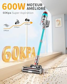 60KPA/600W Aspirateur Balai sans Fil, 75 Minutes Autonomie Aspirateur sans Fil Puissant avec Recharge Murale Écran Intelligent, aspirateur balai puissant pour Les Poils d'animaux/Tapis/Sols Durs