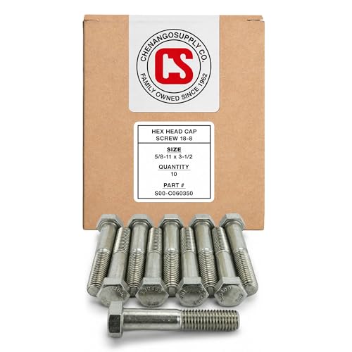 Image of Chenango Supply 5 /8-11 x 3-1 /2 inch Stainless Steel Hex Head Bolts - 304 Stainless, USS Coarse Thread, 100,000-125,000 PSI Tensile Strength, Corrosion-Resistant Hardware Bolts, (10 Pieces, 5 /8-11 x 3.5)