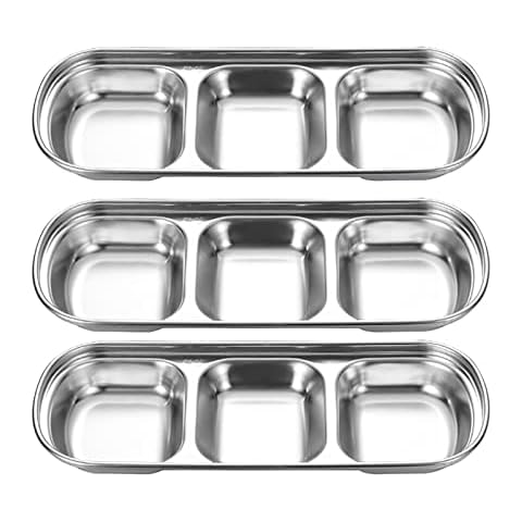 Luoji Dipping Bowls, 3Pcs/Set Multi-Grid Dip Dish Stainless Steel Sauce Bowls Snack Bowls with Tray, Side Dishes Sauce Dishes for Sushi, Sauce,Snack and Soy, Pinch Bowls for Kitchen Prep Cover