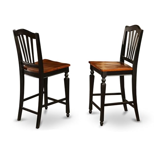 Butacos de altura para barra Chelsea de East West Furniture, asiento de madera con respaldo de madera y patas altas, juego de 2, color negro y cerezo miniatura 1