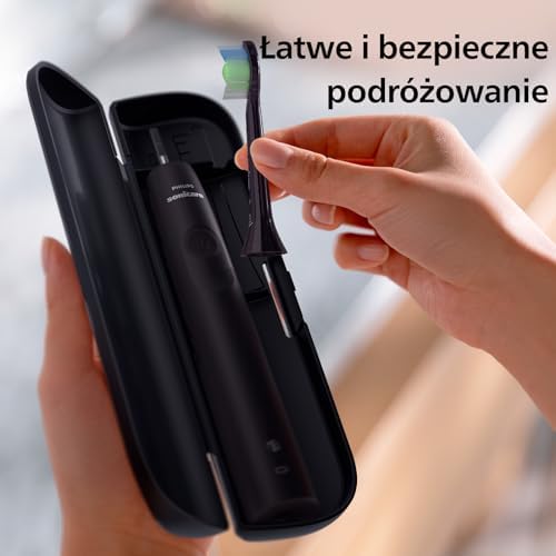 Philips Sonicare 4100 Elektryczna Szczoteczka do Zębów dla Dorosłych z 1 Główką Szczoteczki Sonicznej Philips W2 Optimal Black, Smukłym Etui Podróżnym i Ładowarką USB, Czarna (Model HX3683/54)