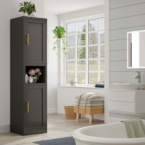 Image of pozdeg 67 inch Tall Narrow Storage Cabinet Metal Bathroom Cabinet with 4 Adjustable Shelves, Freestanding Pantry Cupboard for Kitchen, Dining Room, Living Room Bathroom and Home Office (Black)