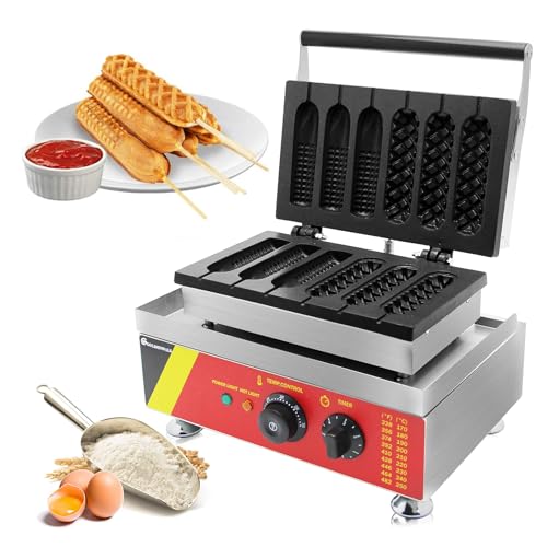 Produttore di waffle commerciale, controllo del temp di 1600W, piastre antiaderenti, forme di cane di mais 6 forme veloci, costruzione dell'acciaio inossidabile, design facile pulito per uso domestico
