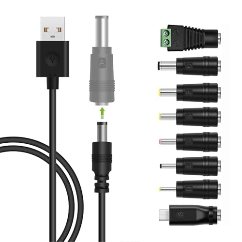 Leloco USB auf DC Stromkabel 8-in-1,USB auf Universal Ladekab Netzkabel Stromkabel Adapterkabel mit 8 Stecker für Router, Rasierapparat, TV Box, Philips Hue Hub (1m, schwarz)