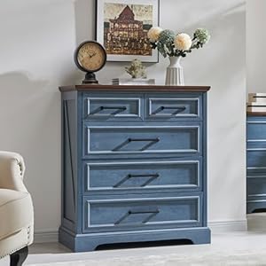 Farmhouse 5 Drawer Dresser for Bedroom, 36 Inch Tall Modern Dresser Chest of Drawers, Rustic Wood Storgae Organizer with Large Drawers & Bar Handles for Bedroom, Living Room, Hallway, Blue Farmhouse 5 Drawer Dresser for Bedroom 36 Inch Tall Modern Dresser Chest of Drawers Rustic Wood Storgae Organizer with Large Drawers Bar Handles for Bedroom Living Room Hallway Blue