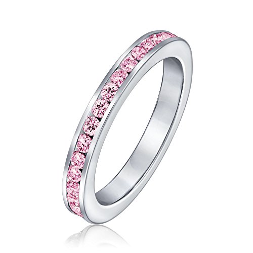 Cubic Zirconia Pink Stackable CZ Channel Set Eternity Band Ring Simulated Tourmaline For Women Teen 925 Sterling Silver