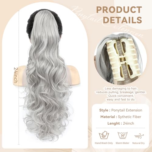 Image of 24 inch Ponytail Extension, Long Curly Wavy Claw Clip and Natural-Looking Synthetic Hairpiece, Voluminous Pony TailHair Extensions for Women Daily Wear. (Silver Grey, 24Inch)