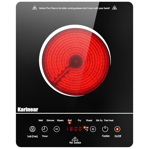 Karinear Portable Electric Cooktop, Electric Stove Single Burner Ceramic Cooktop with Touch Control, Child Safety Lock, Timer, Residual Heat Indicator, Overheat Protection, 1800W 110V Infrared Burner