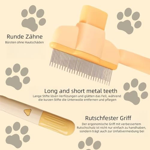 2025 New Fellblitz-BüRste,mit langen und kurzen Edelstahlmetallzähnen zum Entfernen von Haaren und Knoten,Selbstreinigender Haustierkamm,Geeignet für Hunde und Katzen(Orange)