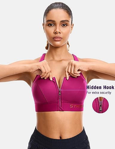 Image of SYROKAN Womens' Sports Bra High Impact Support Zip Front Adjustable Large Bust Racerback Wirefree Padded