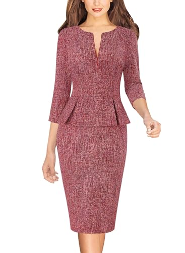 Image of VFSHOW Womens Wear to Work Front Zipper V Neck Peplum Business Office Church Flattering Pencil Sheath Dress