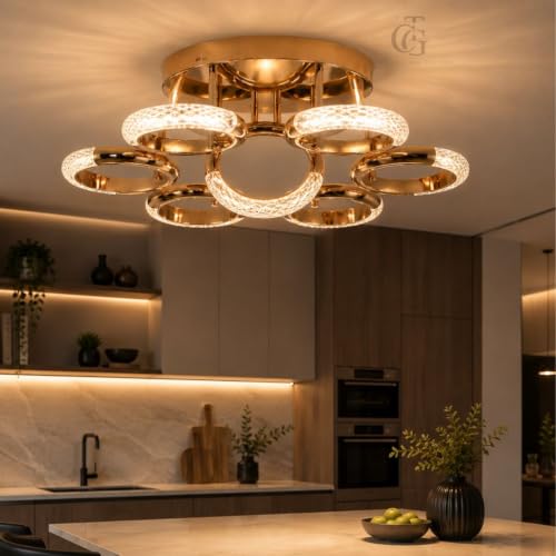 Image of Modern Ring Cluster LED Ceiling Fixture-6+1| Sculptural Blooming Rings Mount with 3C LED | French-Gold Decorative Fixture for Bedroom, Living Room & Dining Room