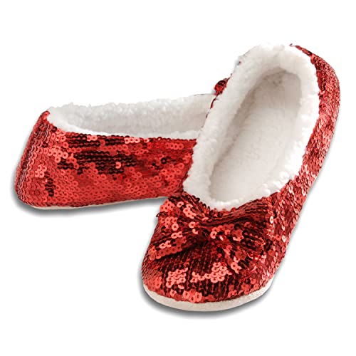 Snoozies Sequin Slippers for Women Indoor with Sherpa Lining, Womens Slipper Socks with Grips