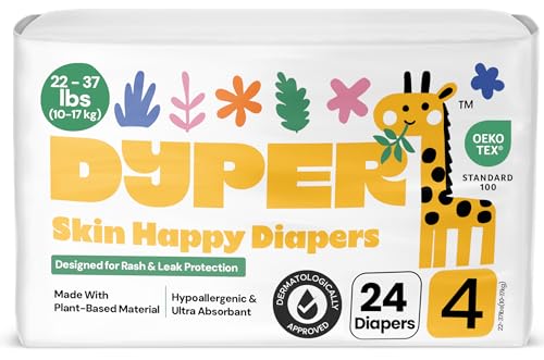 Image of DYPER Baby Diapers Size 4 (24 Count) – Plant-Based, Hypoallergenic, Fragrance-Free & Ultra Absorbent Disposable Diapers for Day and Overnight Skin Protection, Single Pack Size 4 Diapers