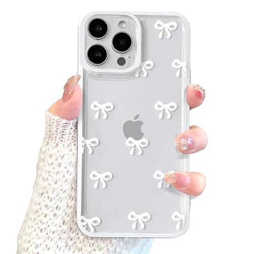 EYZUTAK Case for iPhone 13 Pro Max, Clear Cute Ribbon Bowknot Pattern Aesthetic Transparent Phone Case Raised Camera Protection Stylish Slim Soft Durable TPU Protective Cover for Women Girls - White