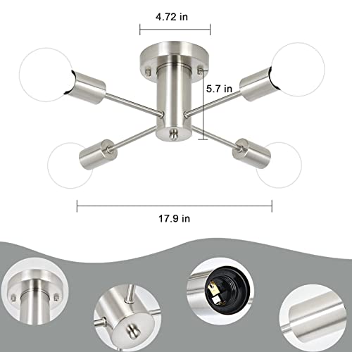 Adsensty Semi Flush Mount Sputnik Chandelier, 4 Lights Brushed Nickel Ceiling Light Fixture, Chrome Mid Century Pendant For Dining Room Living Room Bedroom Farmhouse Kitchen #TOP3