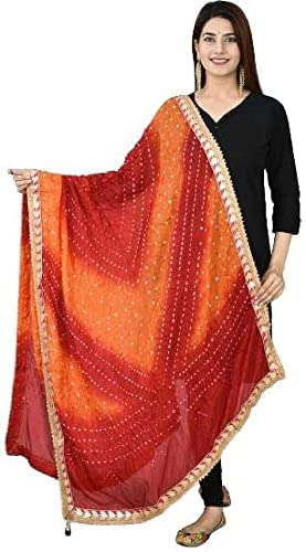 Kalpit Creations Women's Jaipuri Rajasthani Silk Bandhani Bandhej Multi-Colored Heavy Dupatta With Gota Work And Latkans