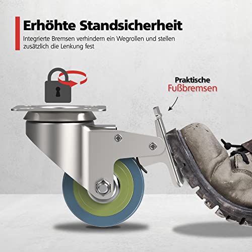 RAVN HAMAN 4er Set Möbelrollen 50 mm - Schwerlastrollen bis 50 kg pro Rad - 2 Räder mit Bremse - Lenkrollen für Innen - Stabile Schwenkrollen - Transportrollen mit Riffelung