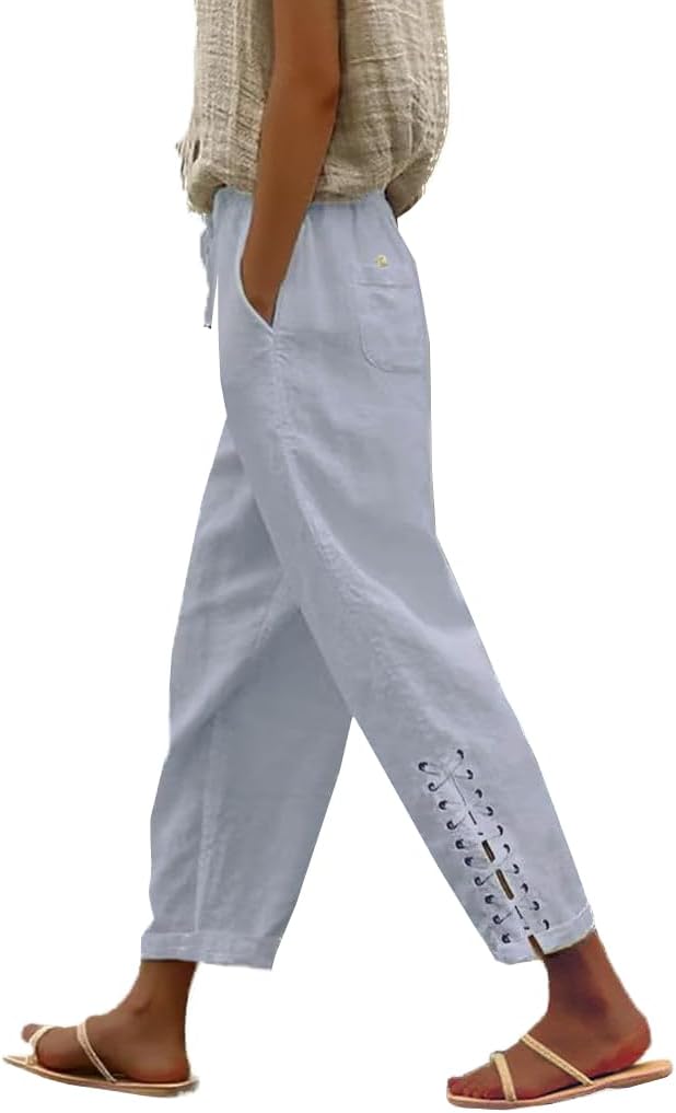 BIRW 2026 Summer Women Cotton Linen Pants Casual High Waist Comfy Lightweight Gauze Pants with Pockets Loose Trousers