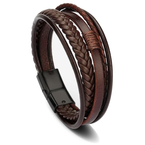 Bracelet En Cuir Pour Homme, Bracelet En Acier Inoxydable, Tressé Avec Fermoir Magnétique, Boîte à Bijoux Incluse (Brun, 23cm)